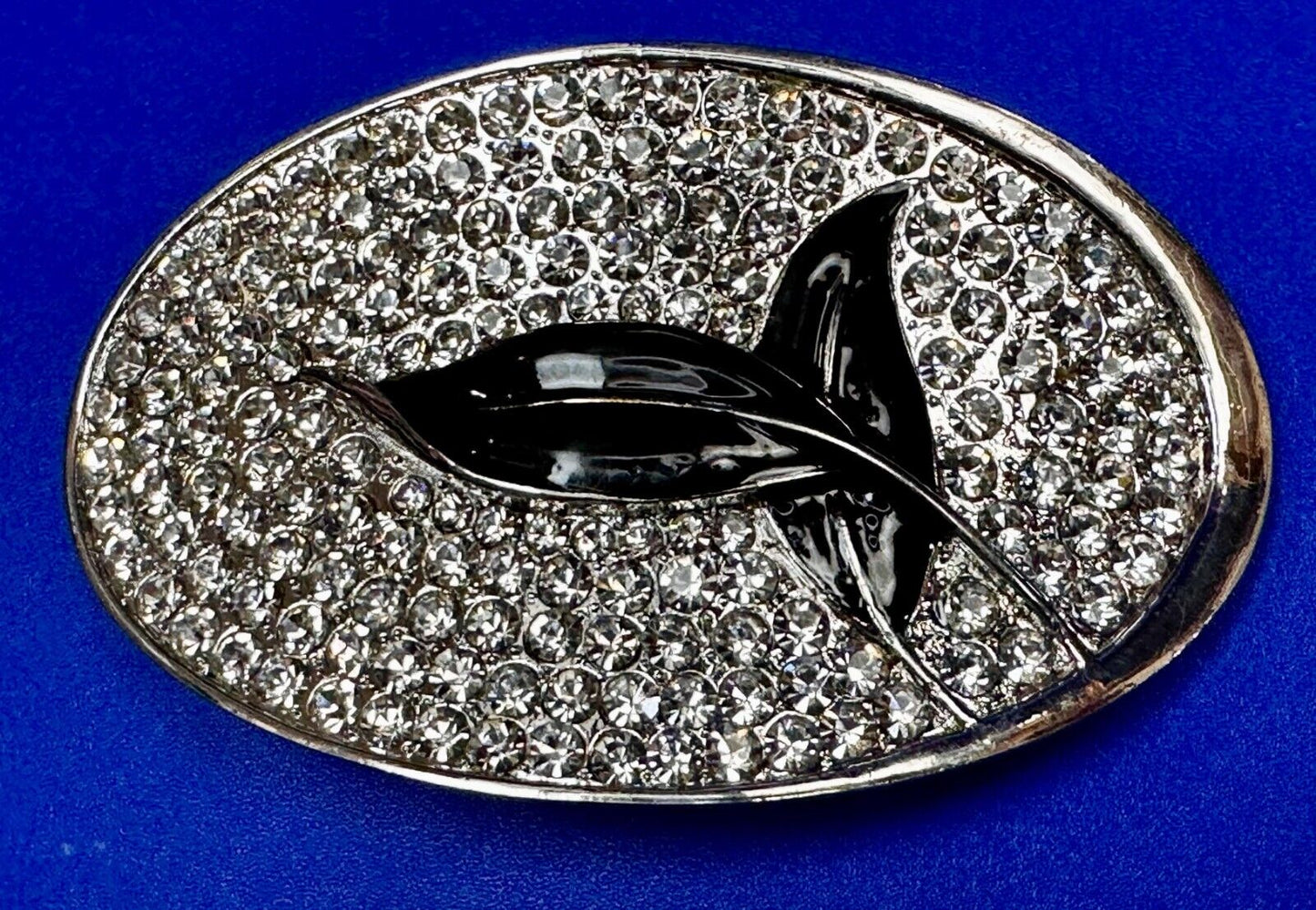 Black Leaf Design Silver Tone Clear Rhinestone Covered Oval Designer Belt Buckle