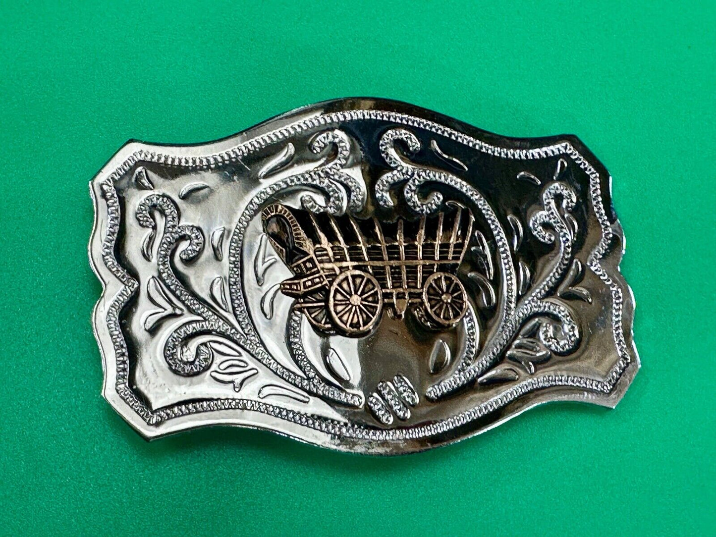 Vintage Covered Wagon - western two tone outlined ornate belt buckle