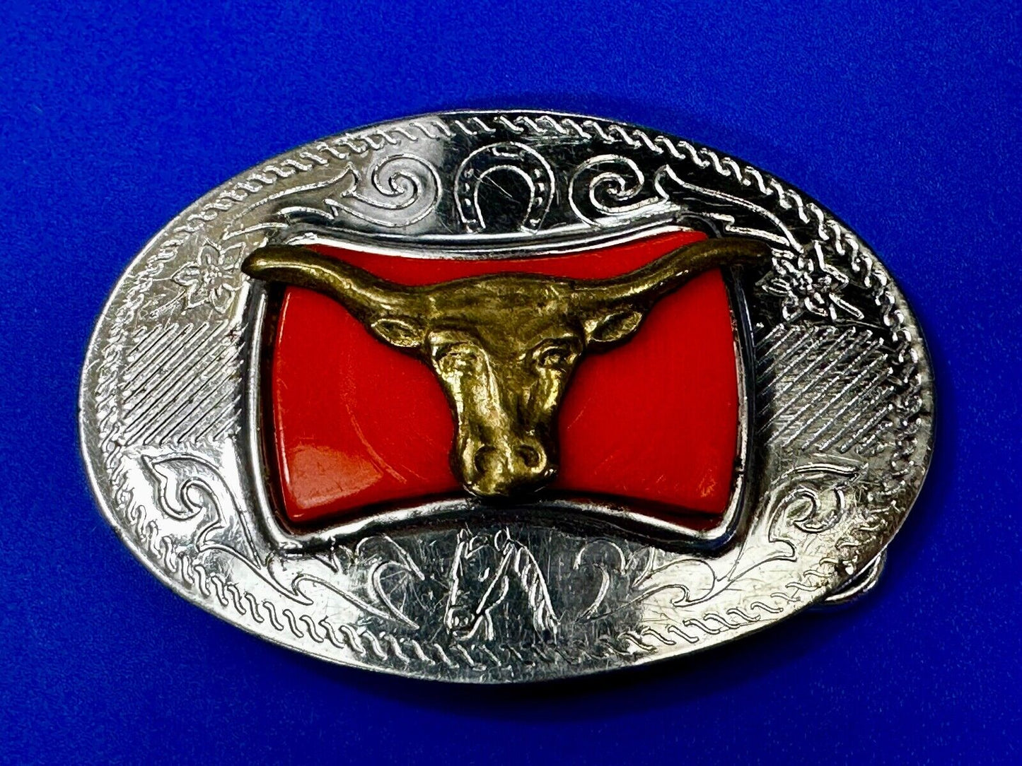 Texas Longhorn Cattle Bull Orange Enamel Backed Western Style Belt Buckle