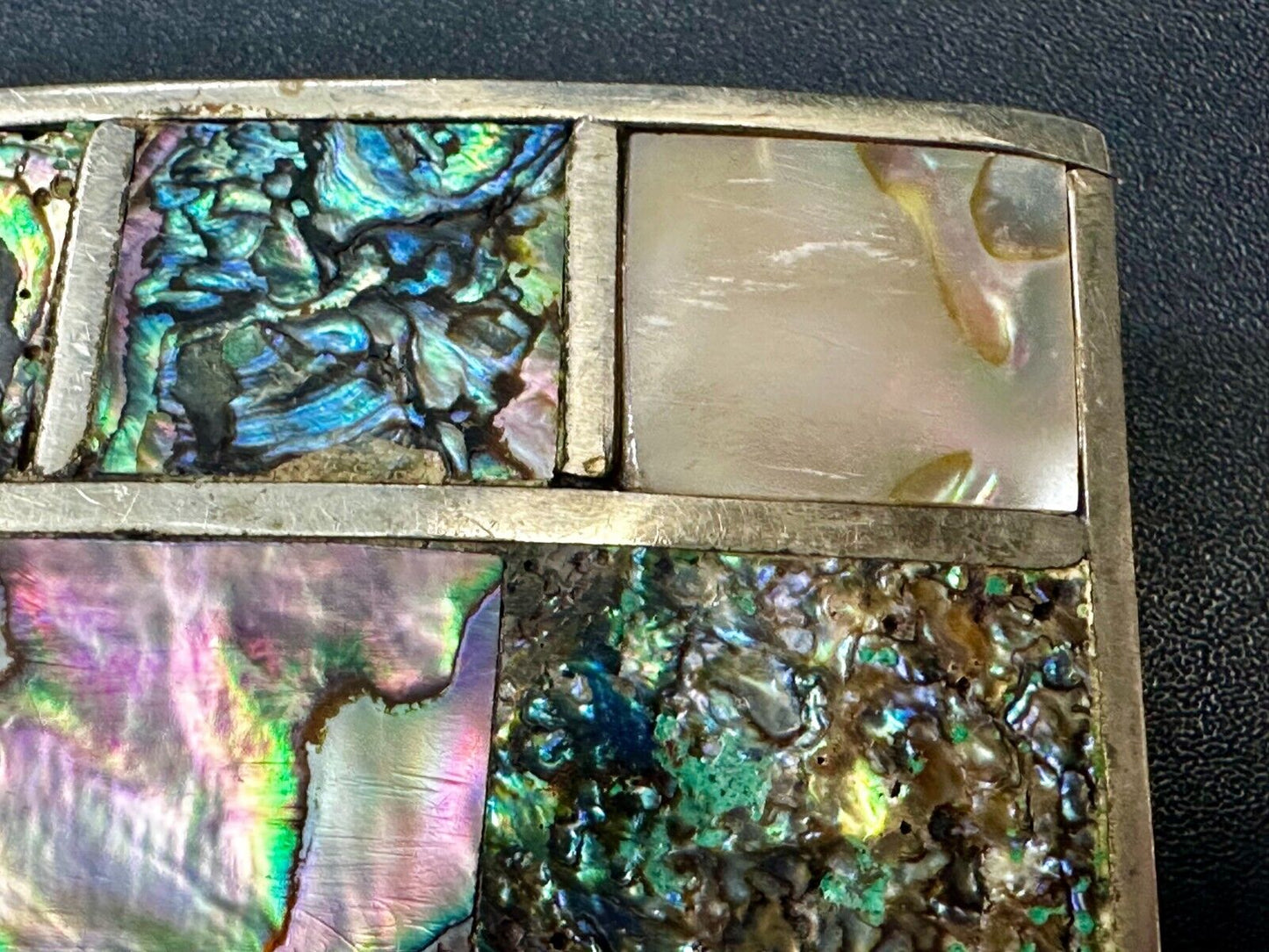 Vintage Abalone Shel Inlaid Silver Tone Large Rectangular Belt Buckle
