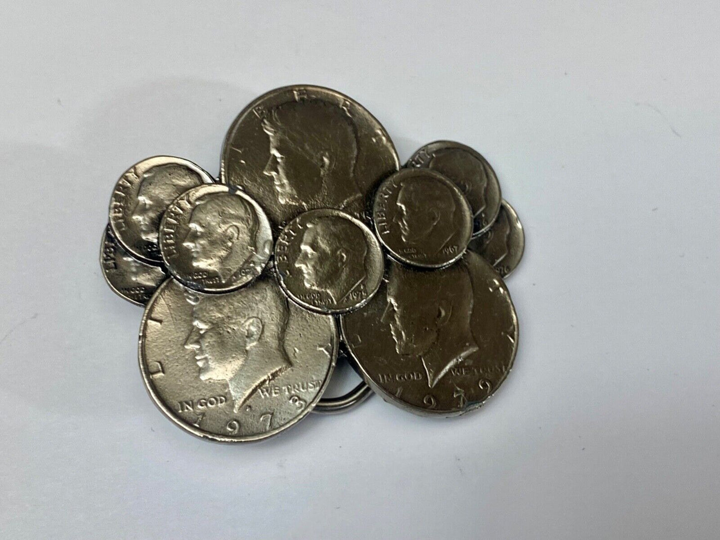 Vintage Coin Collectors Cluster figural 1979 Liberty JFK dimes belt buckle