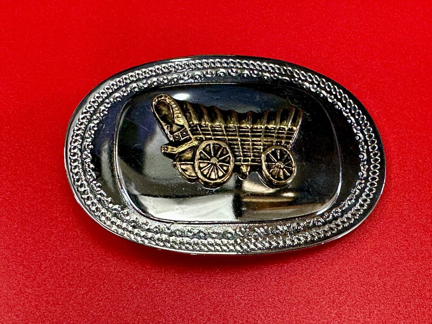 Vintage Covered Wagon - western two tone outlined belt buckle