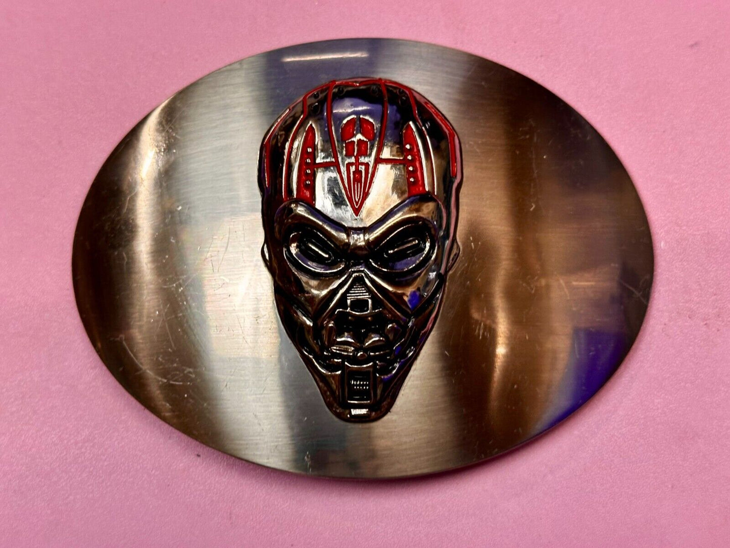 Terminator Skull Head Gothic Vibe Silver Tone Biker HUGE oval Belt Buckle