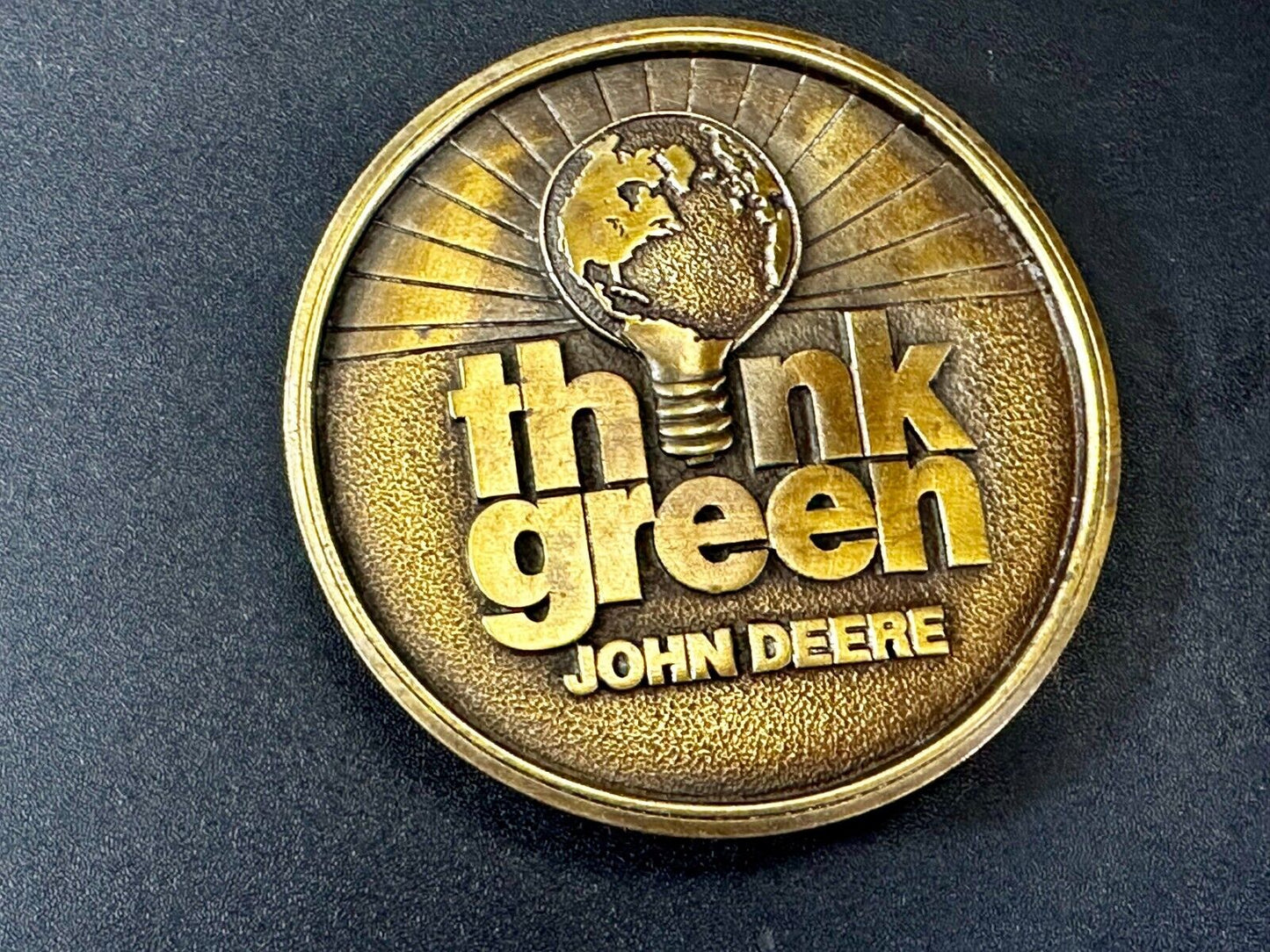 THINK GREEN - John Deere Farm Tractors Vintage Brass Tone Round Belt Buckle