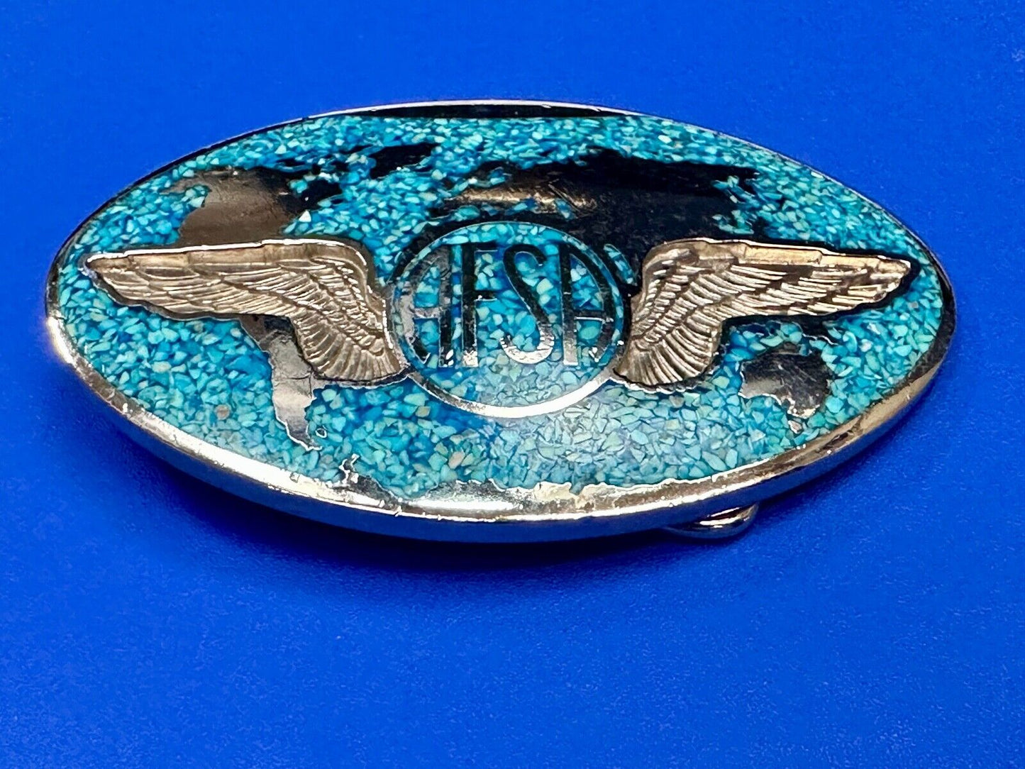 Air Force Sergeants Association AFSA Turquoise Chip inlaid oval belt buckle