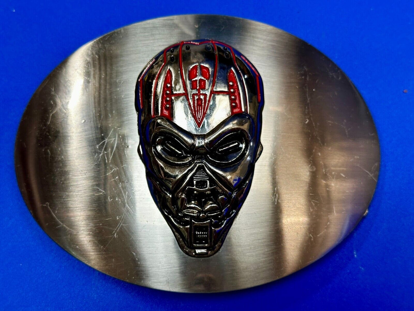 Terminator Skull Head Gothic Vibe Silver Tone Biker HUGE oval Belt Buckle