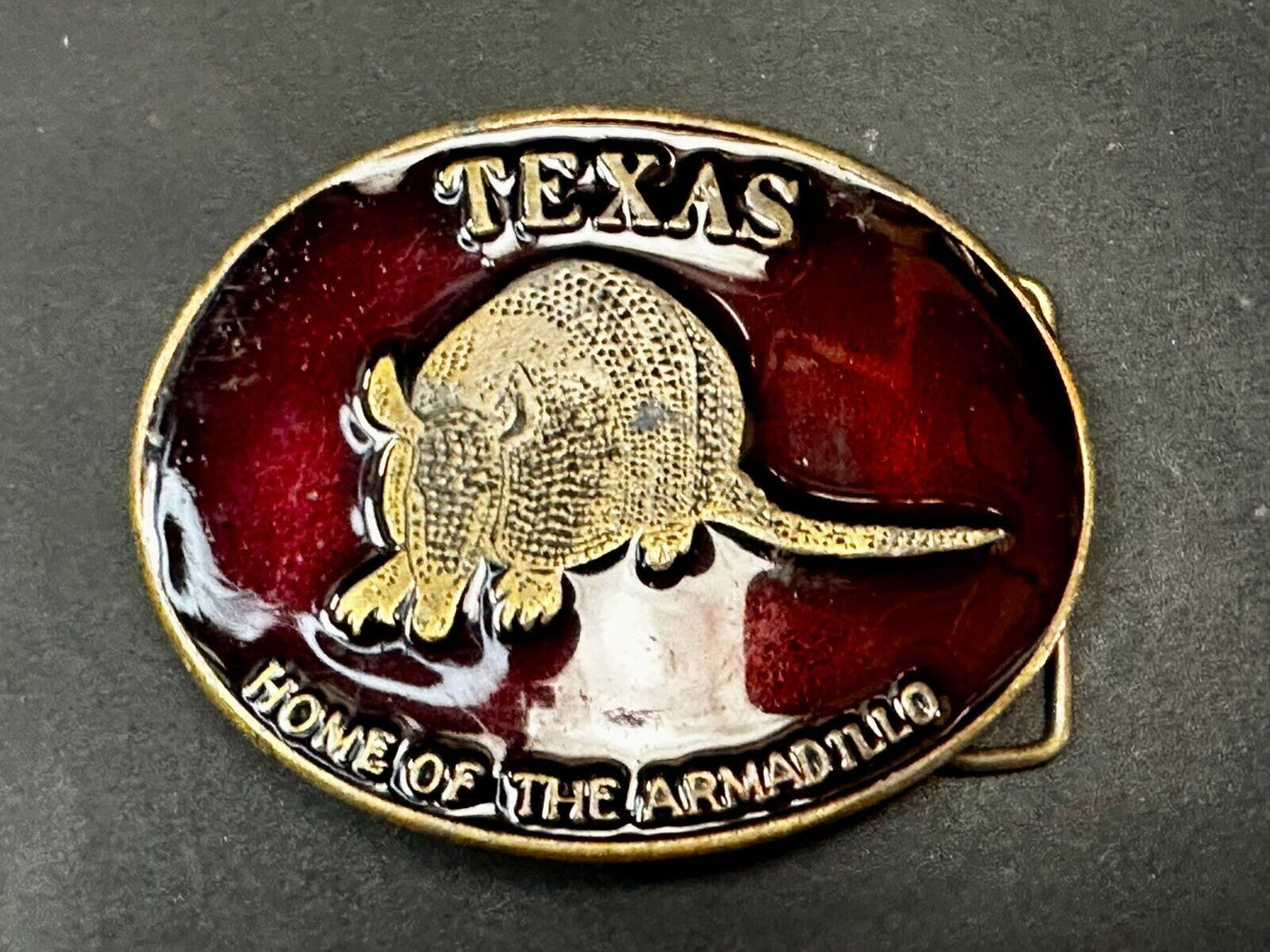 Texas Home of the Armadillo Commemorative Red colored Belt Buckle by Koleaco