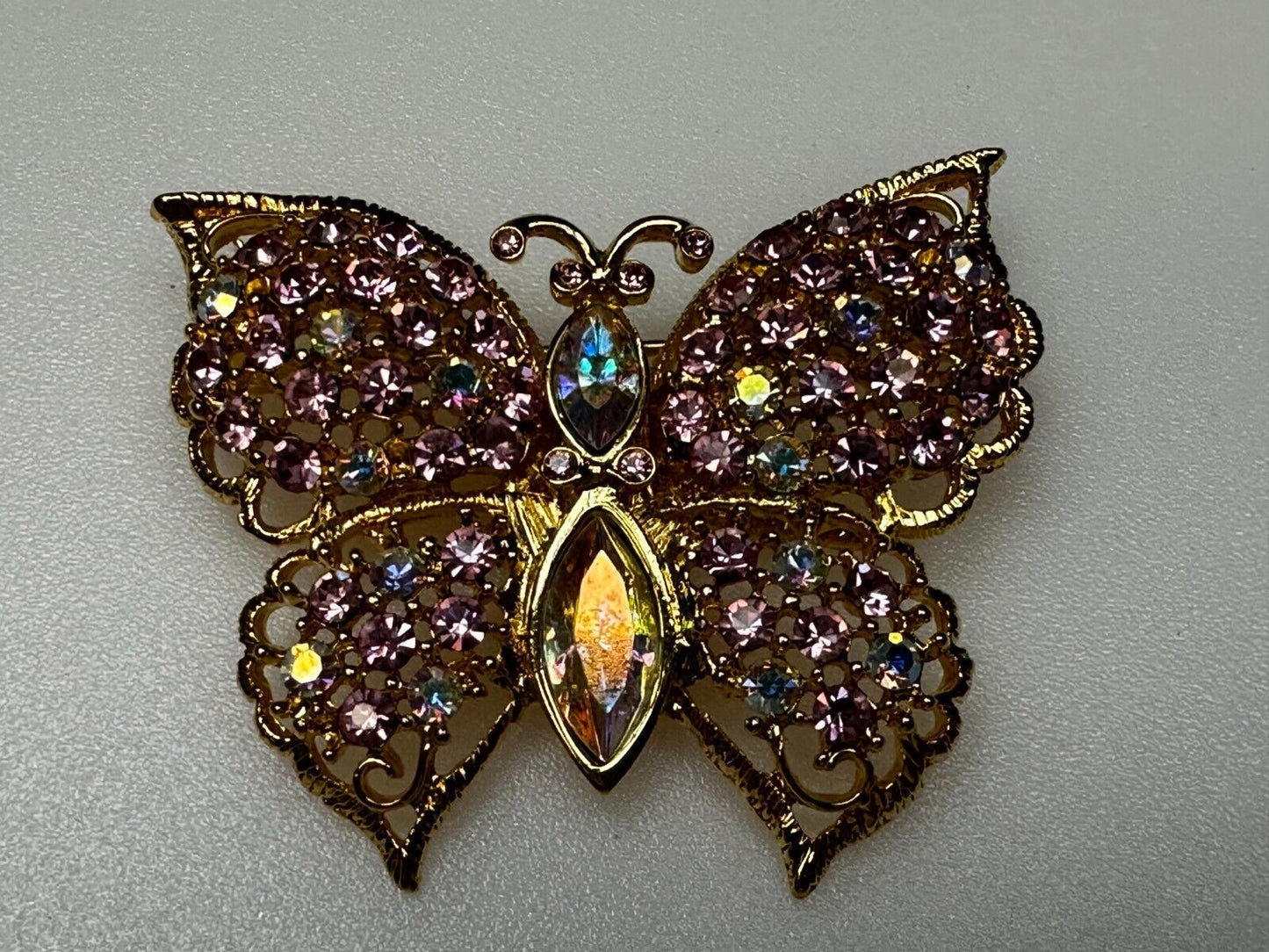 Aurora Borealis Butterfly Jeweled Insect Figural Brooch Pin Signed By Graziano