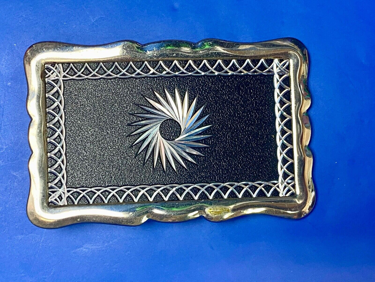 Vintage Etched Star Swirl Burst Pattern Western Black & Silver Belt Buckle