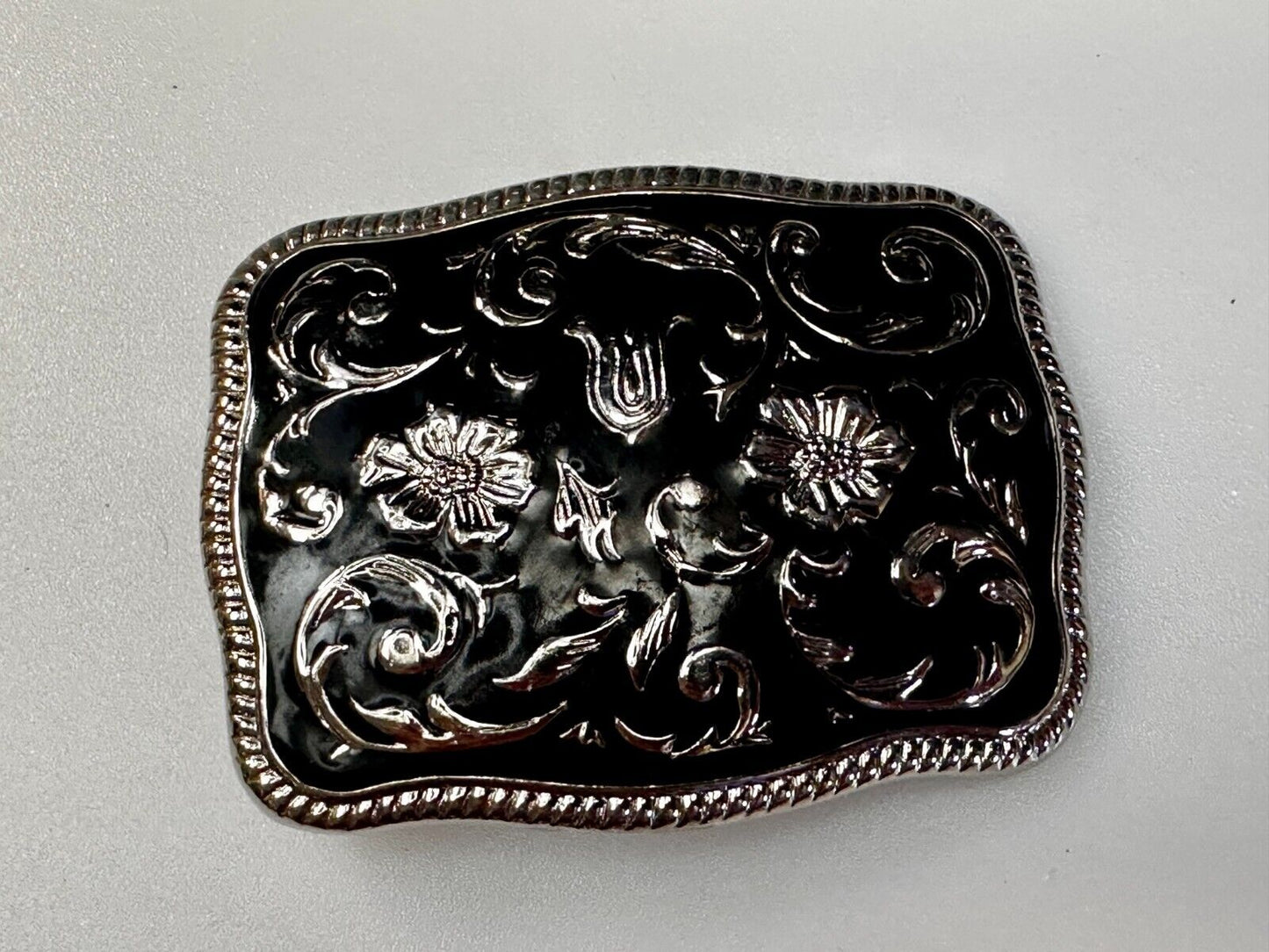 Black & Silver Color Ornate Western Flower Swirl Floral Theme Belt Buckle