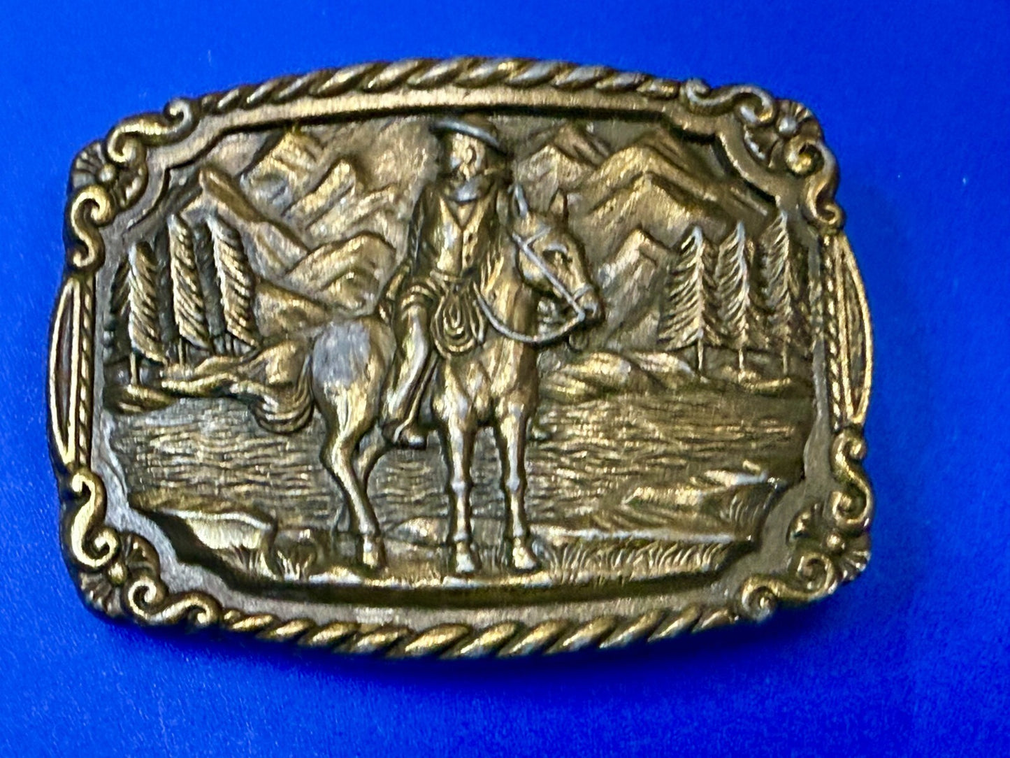 Tall in the Saddle Cowboy Horse River Mountain Scenery Western Belt Buckle