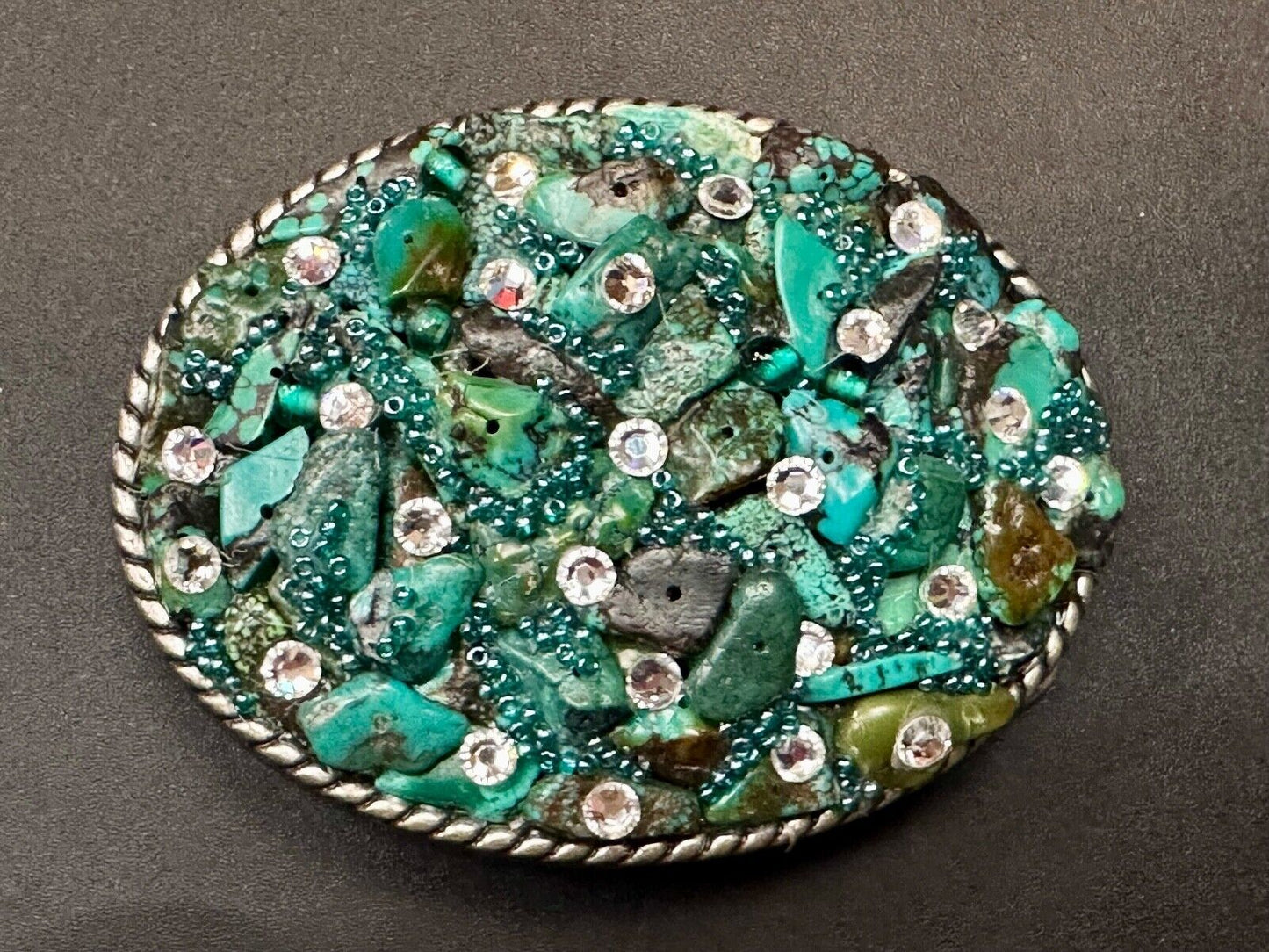 Artisan Chunky shades of Green and clear rhinestone mixed material belt buckle