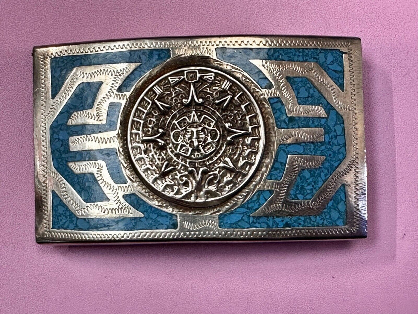 Aztec Mayan Calendar Sun Turquoise Inlay Southwestern Vintage Belt Buckle