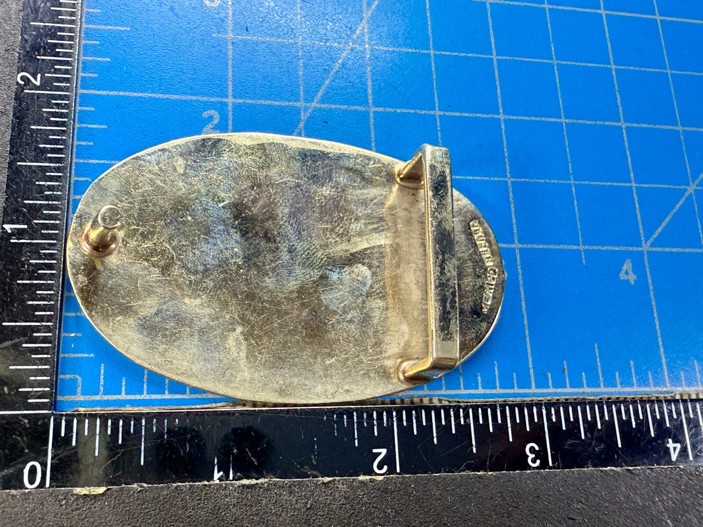 Vintage Alpaca Mexico Silver Tone Abalone Shell Pattern Oval Belt Buckle