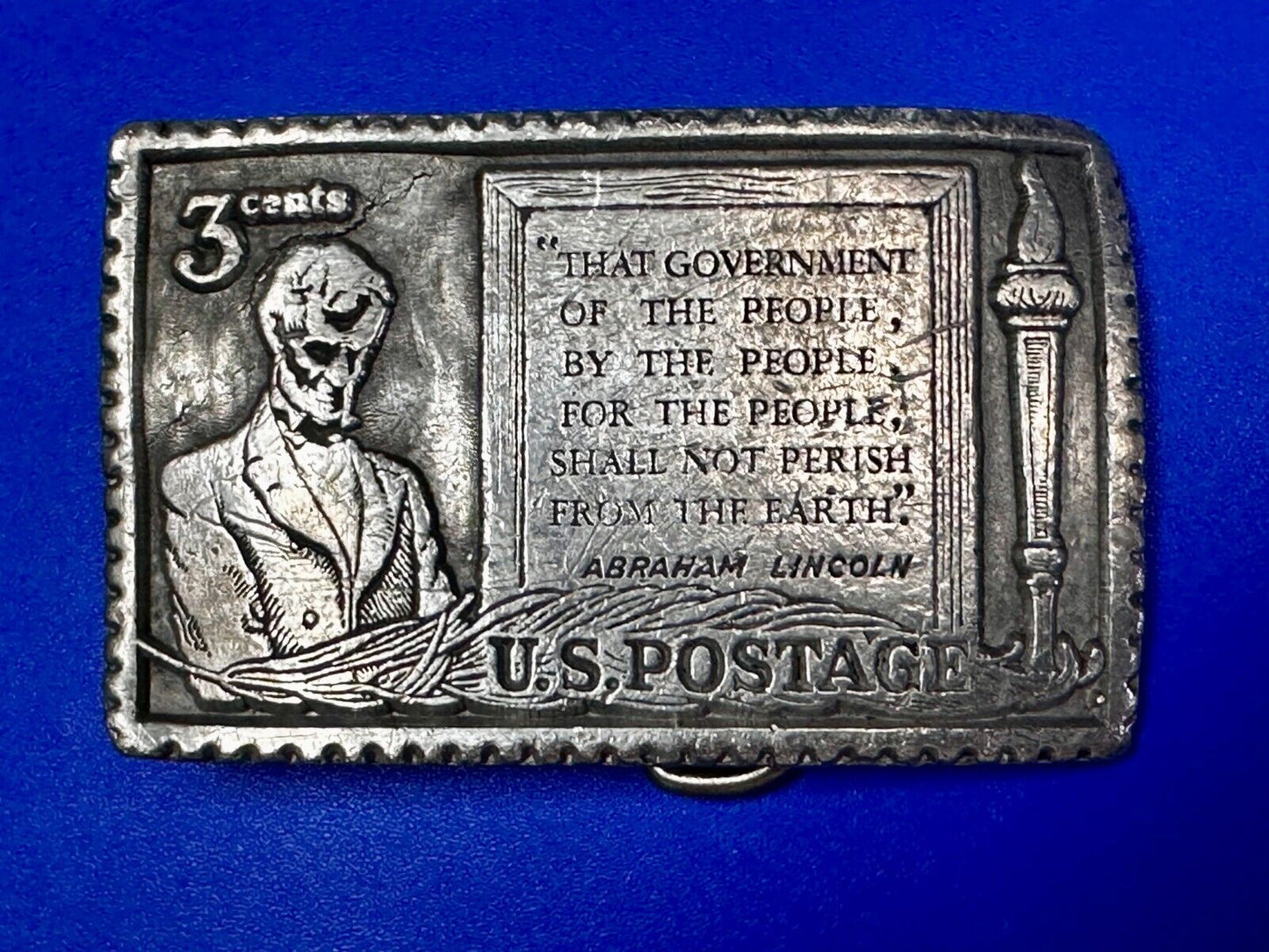 3 Cent Honest Abe Lincoln Stamp Collectors USA Patriotic Pewter Belt Buckle
