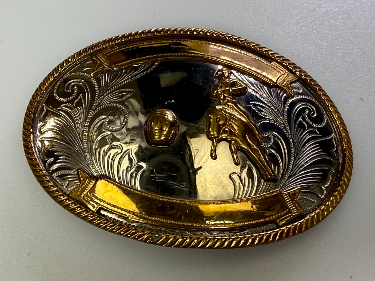 Vintage Barrel Racing Trophy Award Blank Ribbon Vtg. German Silver Belt Buckle