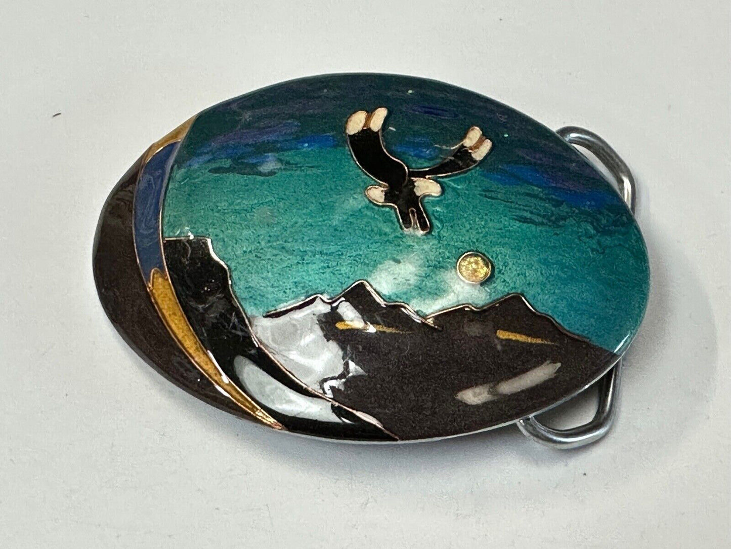 Beautiful flying eagle painting art raised oval belt buckle artist signed LITT
