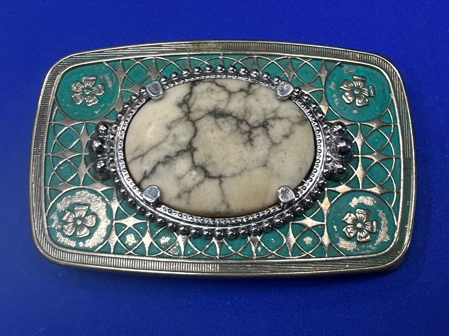 vintage Magnesite cabochon cab stone centerpiece on western belt buckle