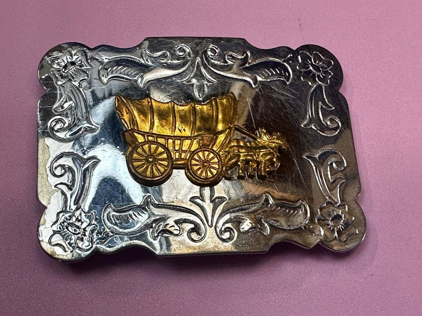 Vintage Horse Drawn Covered Wagon - two tone Belt Buckle with reflective surface