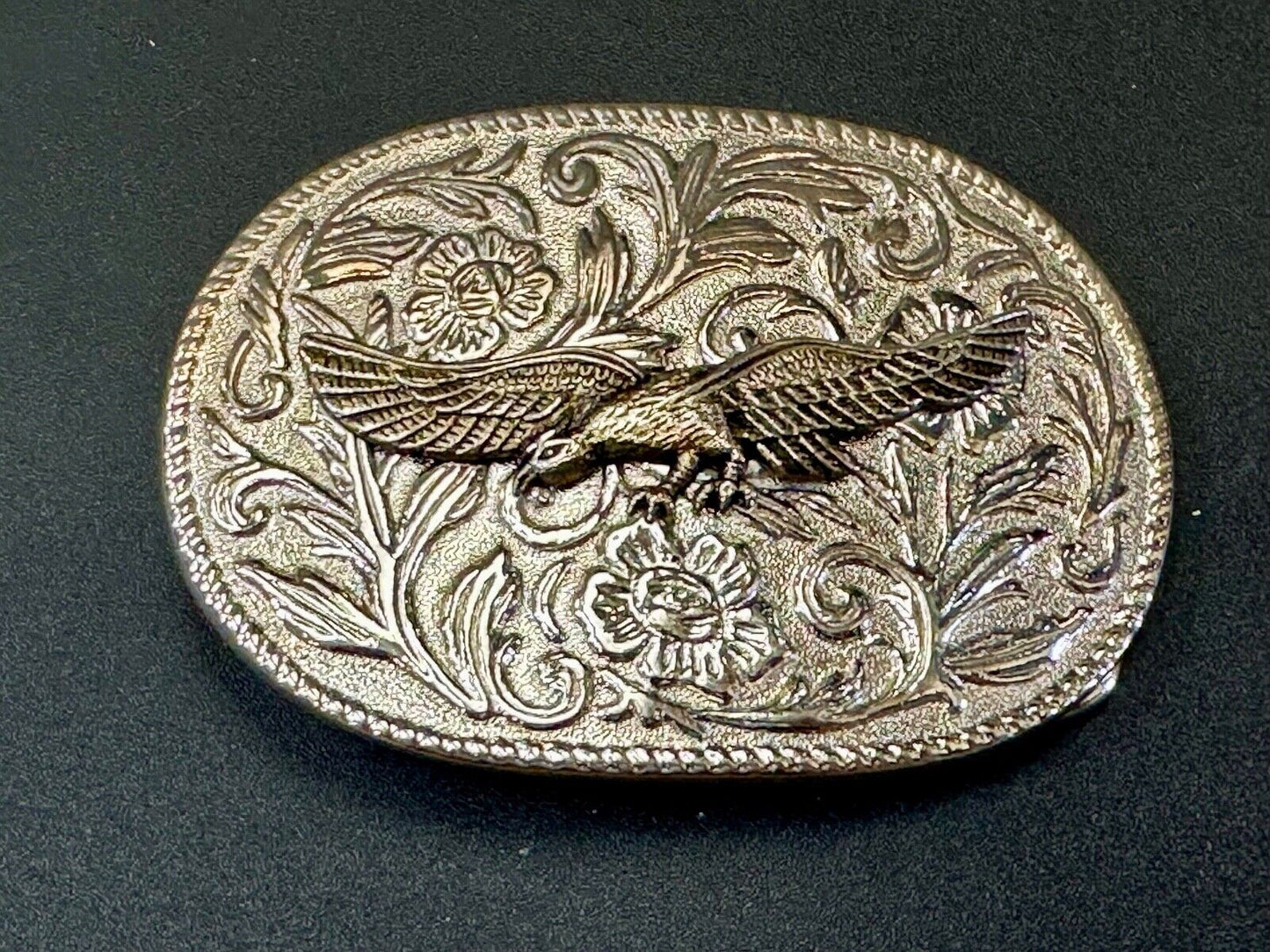 The Eagle Flying with Wings Wide Vintage two tone flower swirl belt buckle