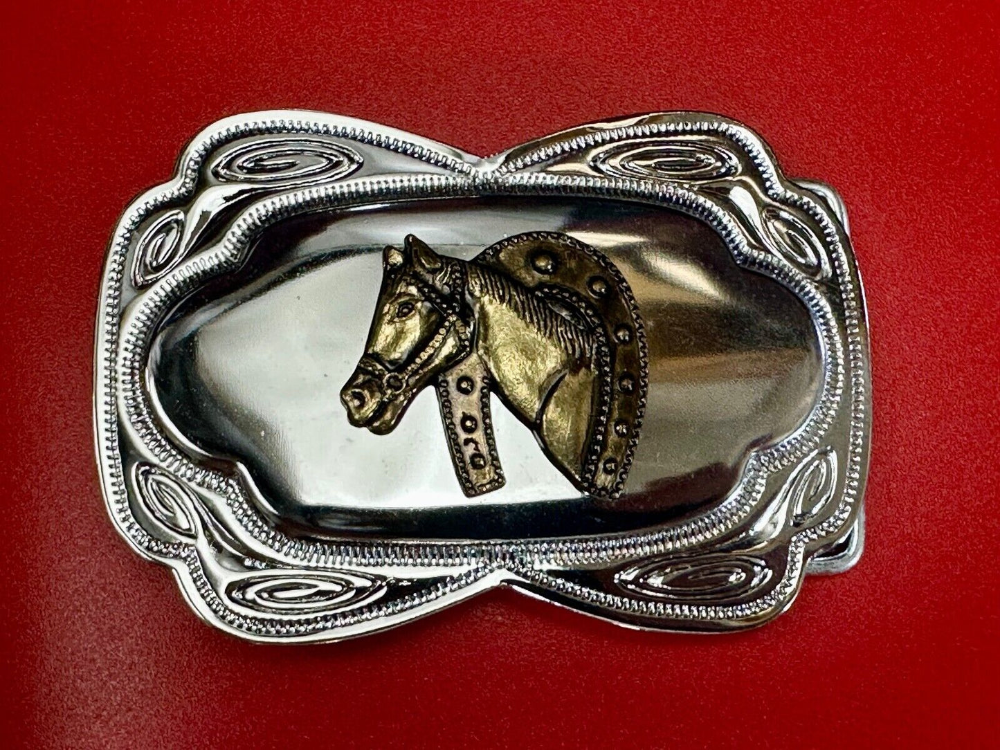 Beautiful NOS Horse head through lucky horseshoe - Two tone belt buckle