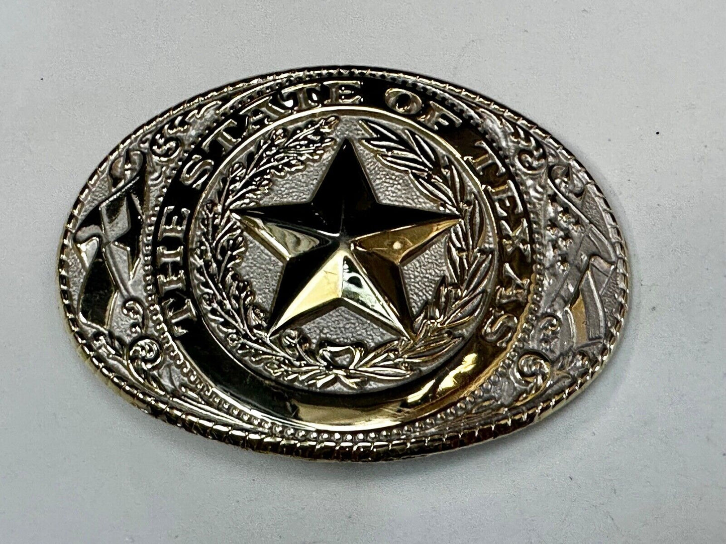 The Great State of Texas Star & Flag western Gold & White Color USA Belt Buckle