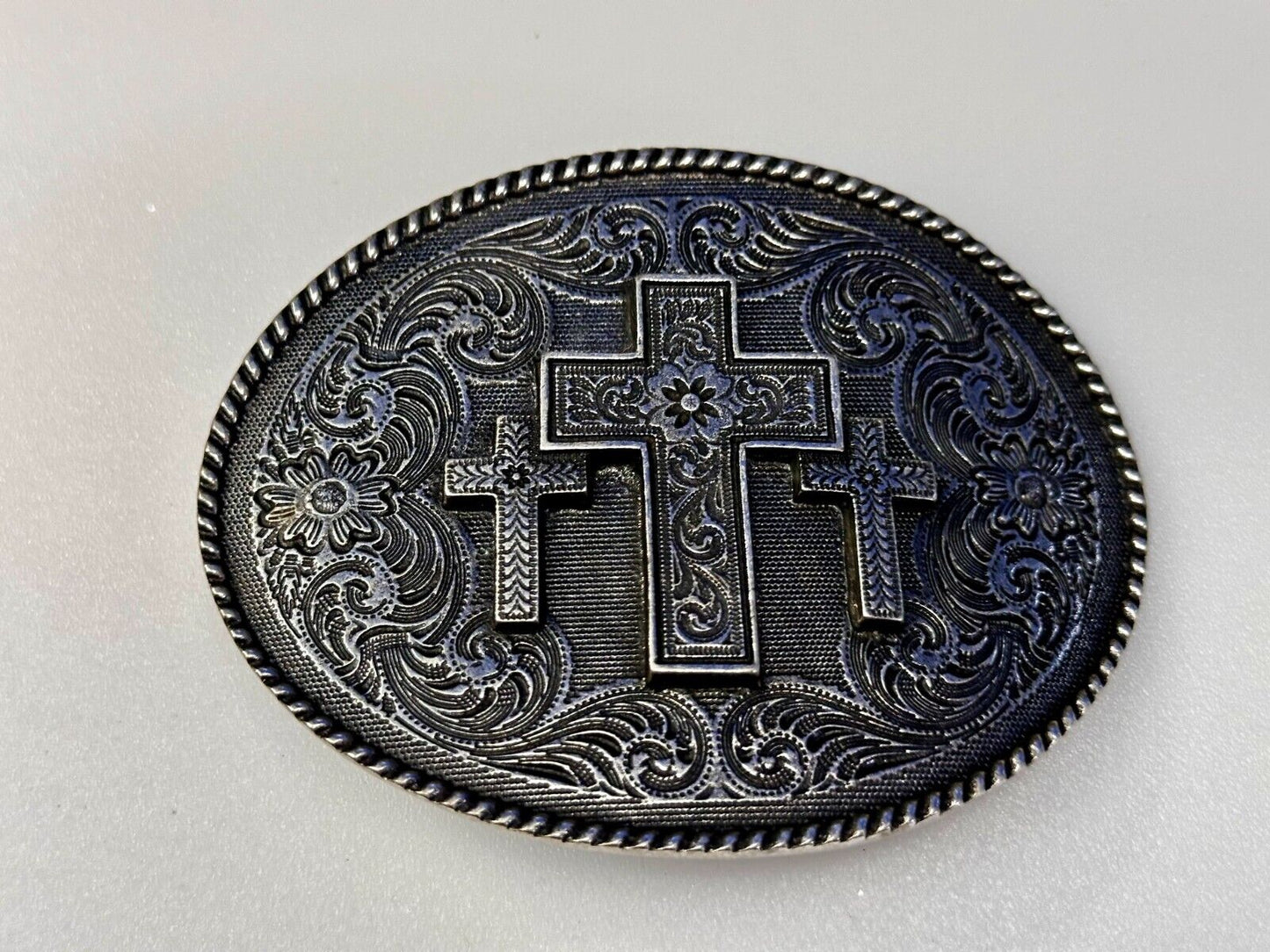 Three Cross Religious Faith Christian Flower Swirl Western Belt Buckle by Taylor
