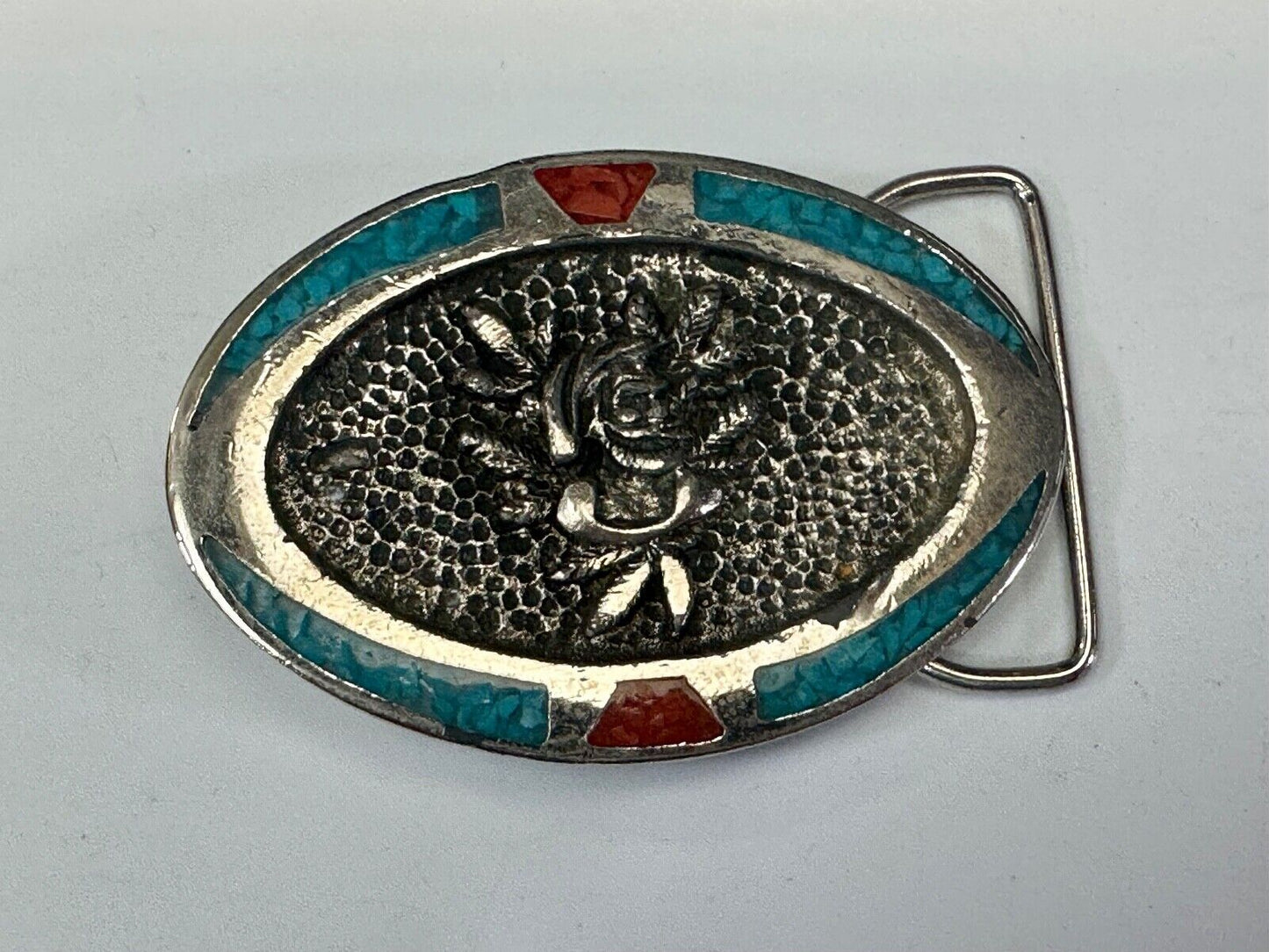 Beautiful ROSE flower Crushed Turquoise and Coral chip Boarder belt buckle by TT