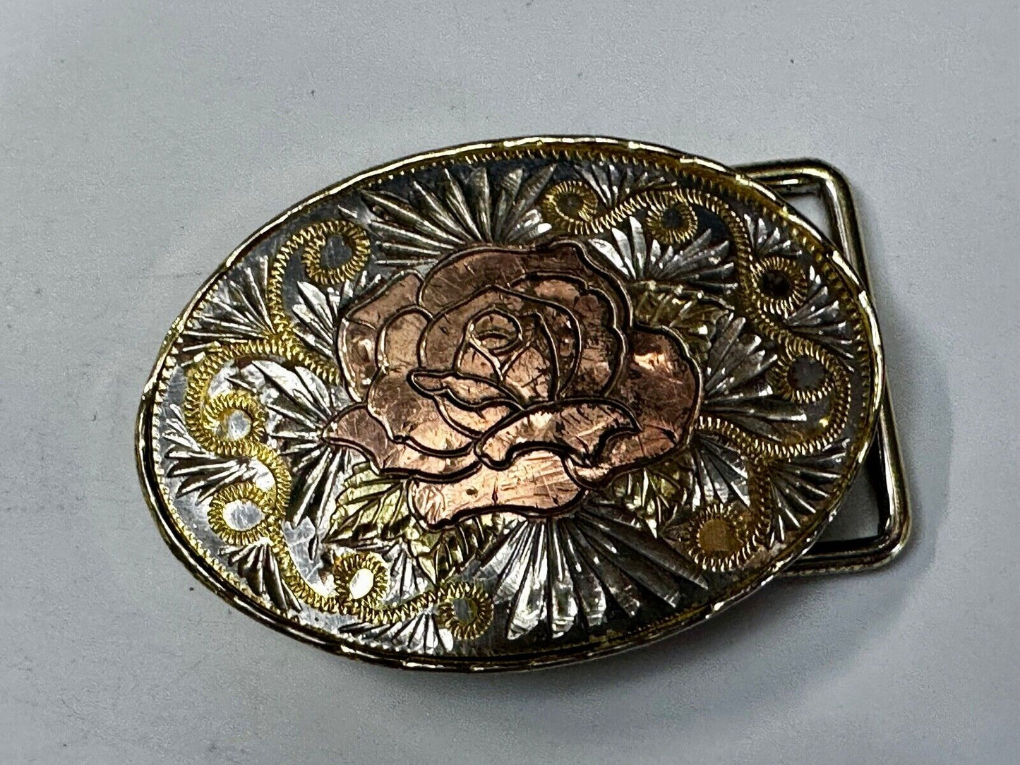 Beautiful Rose Small Etched Flower Swirl Design Vintage Belt Buckle
