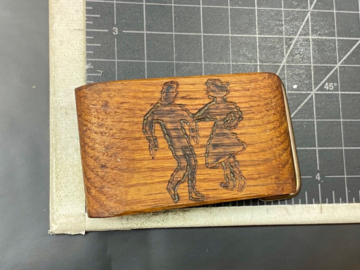 Artisan country line square Dancing Couple burned into wood grain belt buckle