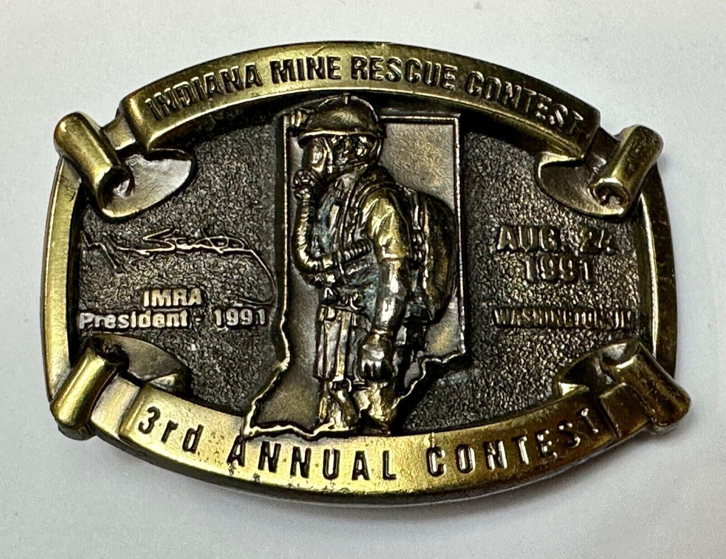 Vintage 1991 IRMA Indiana Mine Rescue Contest 3rd annual belt buckle