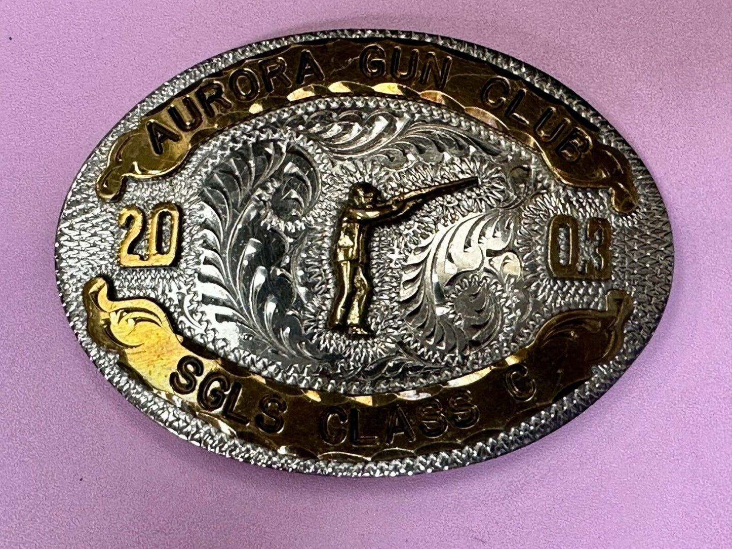 Aurora Gun Club Singles Class C 2003 Defensive Pistol Trophy Award Belt Buckle