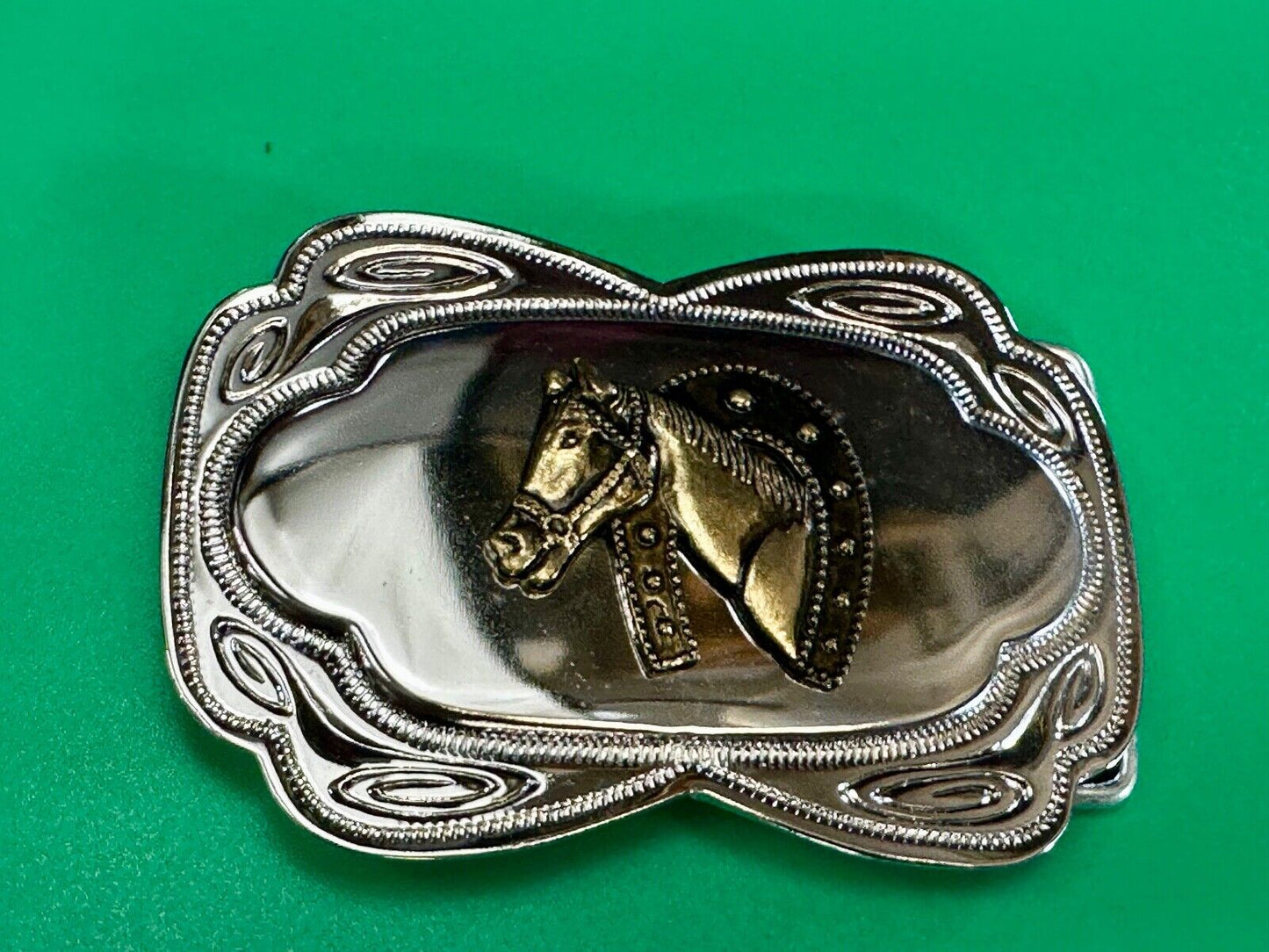 Beautiful NOS Horse head through lucky horseshoe - Two tone belt buckle