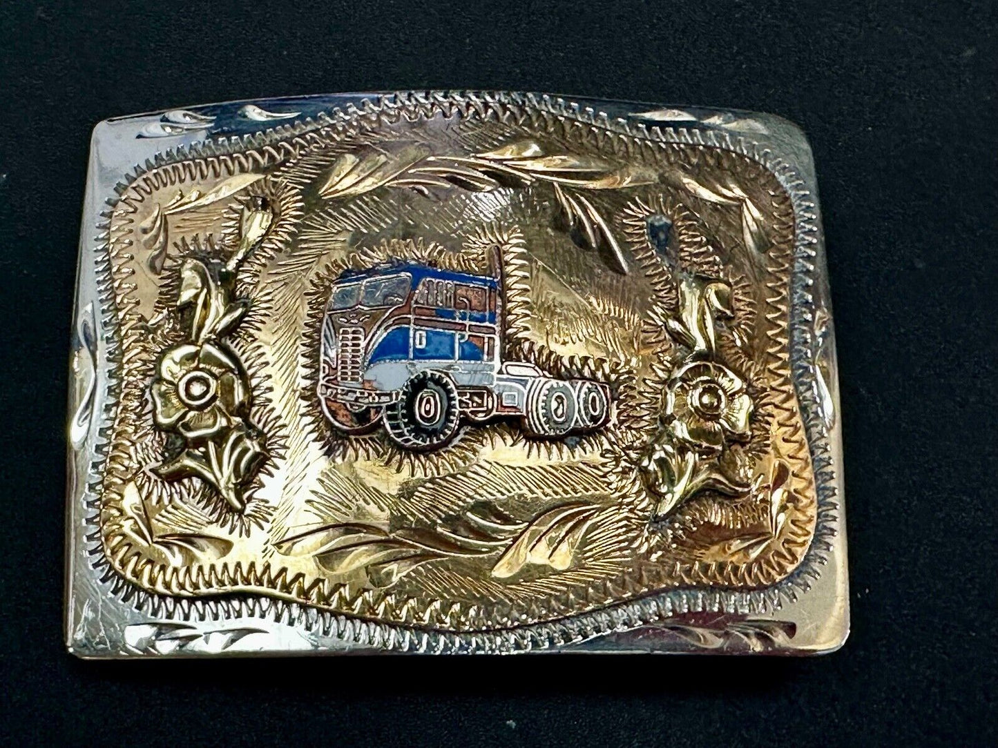 Beautiful custom Semi Drivers western two tone engraved accent Belt Buckle