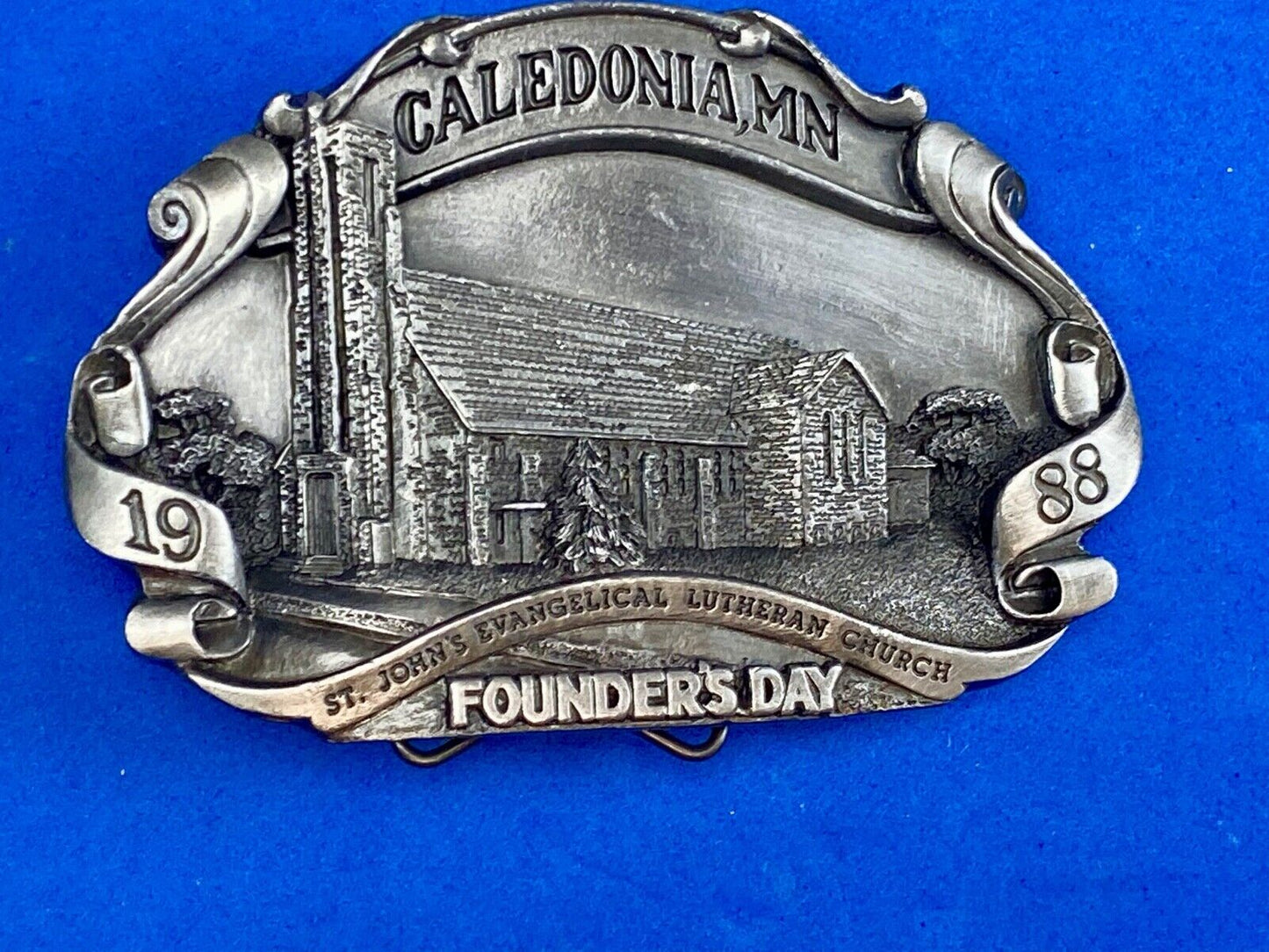 Vintage 1988 - Founder’s Days Caledonia MN belt buckle St Johns Lutheran Church