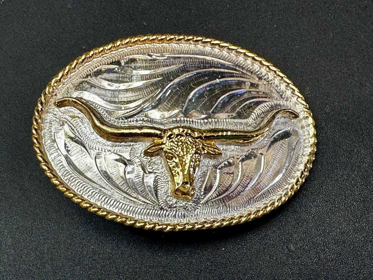 Beautiful Longhorn Western Cowboys Steer Vintage Two Tone Alpaca Mex Belt Buckle
