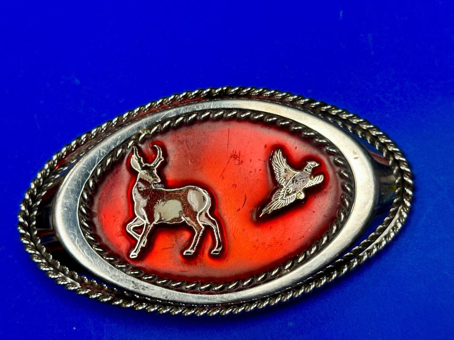 Vintage Artisan Hunters Deer and Quail oval western belt buckle