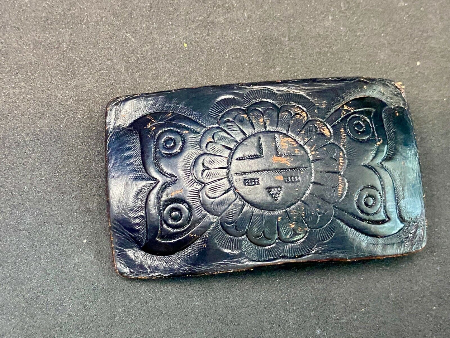 Vintage Black Leather Flower Pattern Belt Buckle