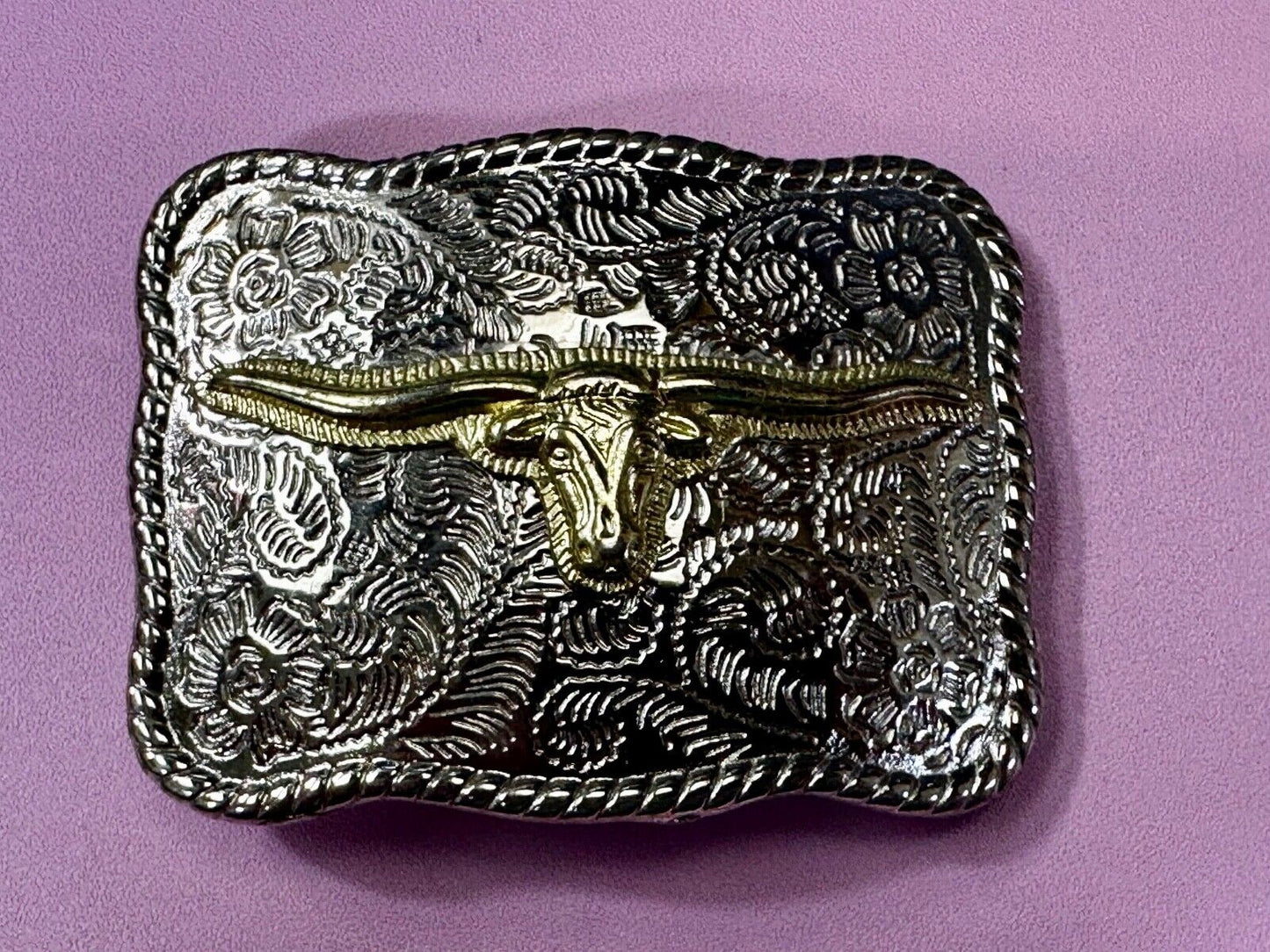 Texas Longhorn Rodeo Steer Bull Head Vintage Two Tone Small Cowgirls Belt Buckle
