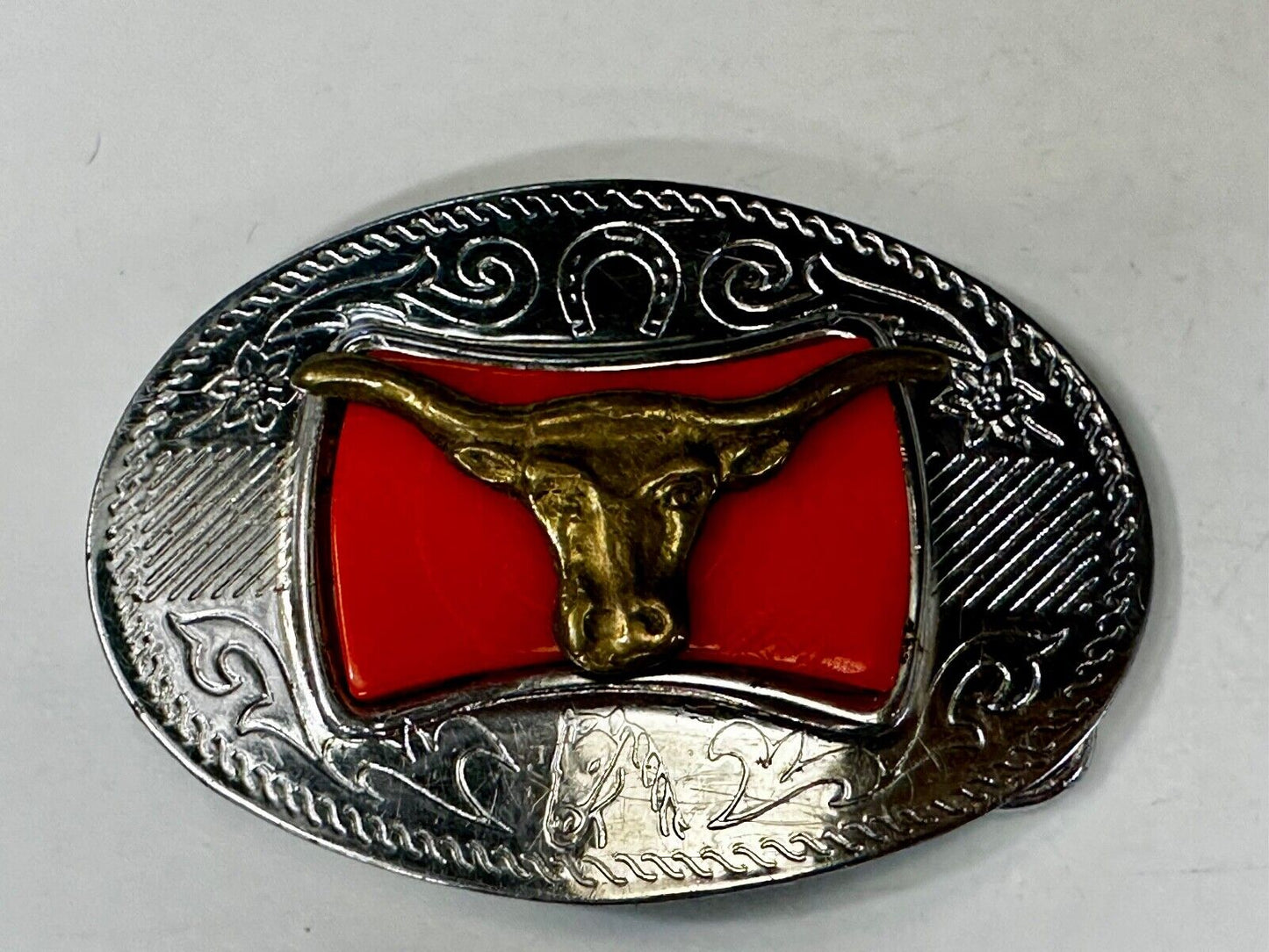 Texas Longhorn Cattle Bull Orange Enamel Backed Western Style Belt Buckle