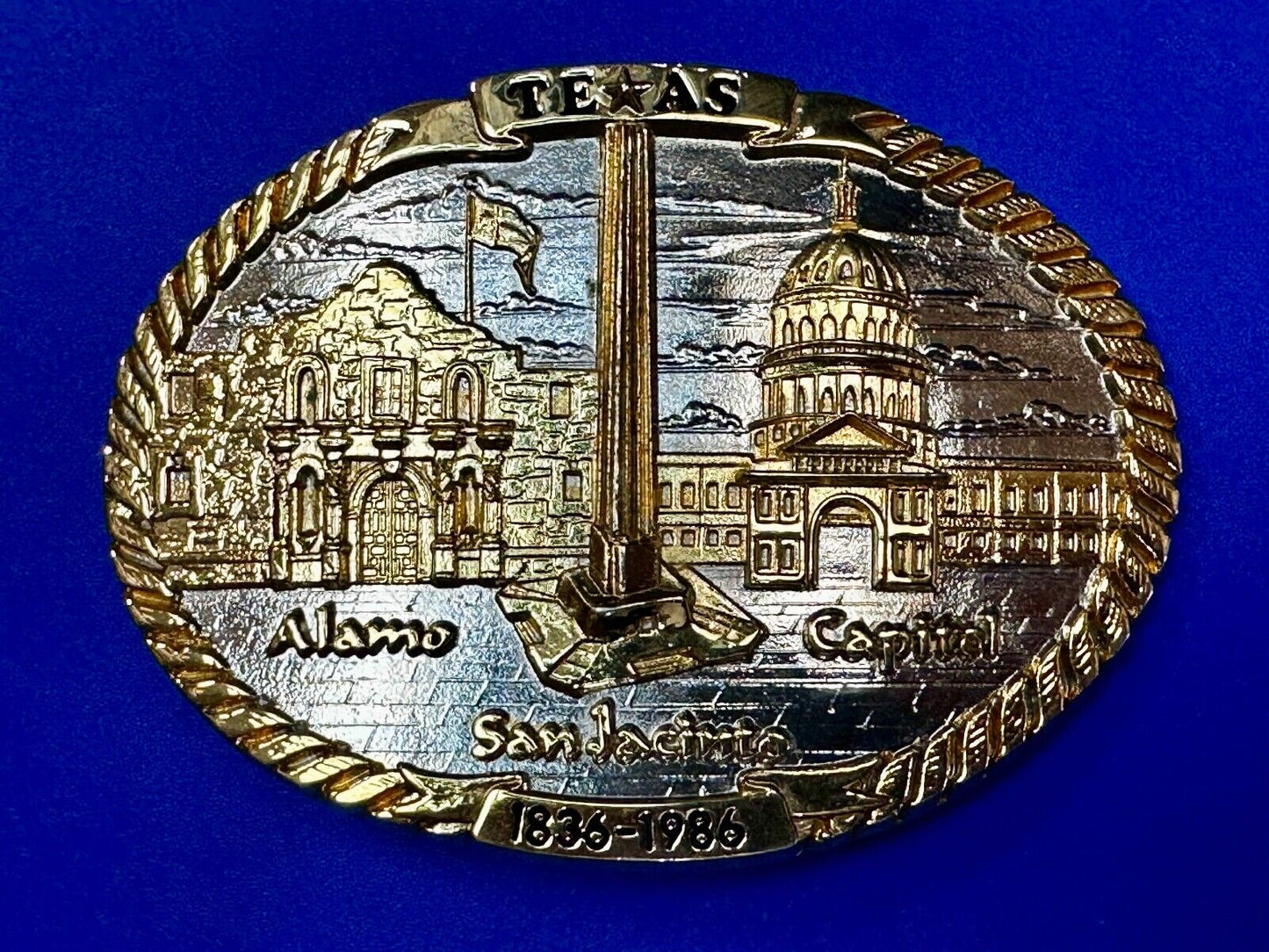 TEXAS SESQUICENTENNIAL ALAMO SAN JACINTO CAPITAL 1836-1986 TW Baker Belt Buckle