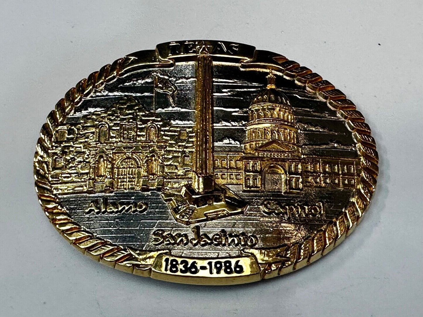 TEXAS SESQUICENTENNIAL ALAMO SAN JACINTO CAPITAL 1836-1986 TW Baker Belt Buckle
