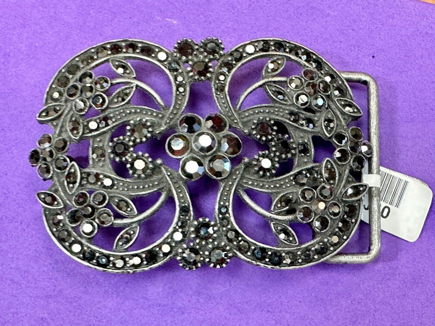 Black rhinestone accented metal flower pattern NOS Funky Junque belt buckle