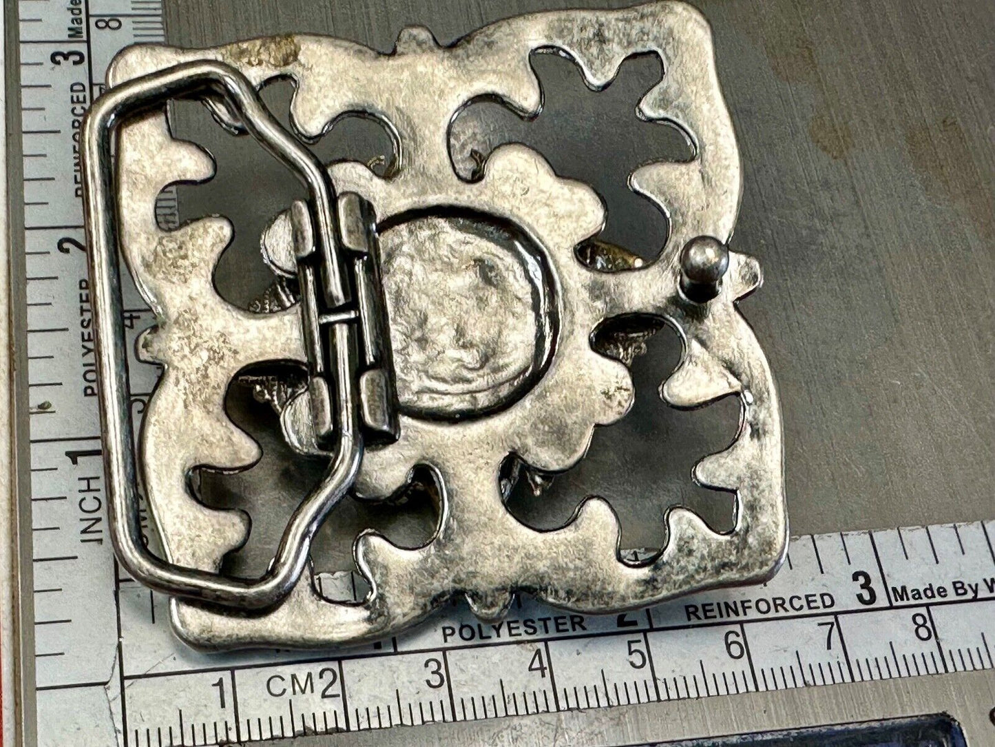 Artisan unique rhinestone mixed media see through silver tone belt buckle