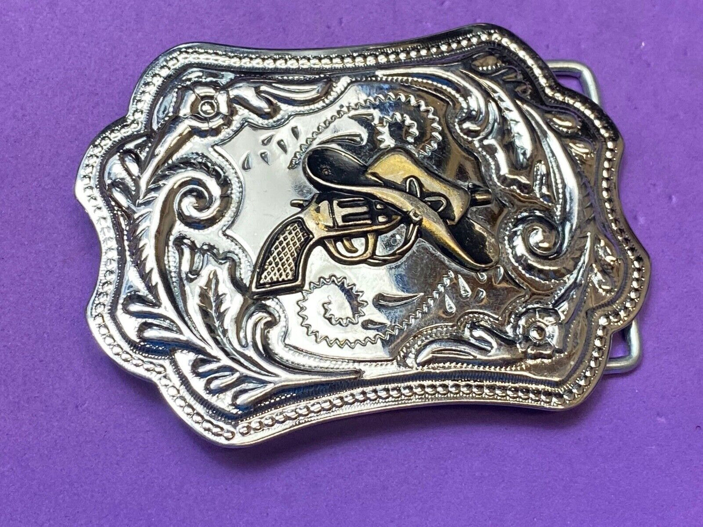 Vintage Cowboy Hat & Revolver Pistol Western Belt Buckle Cap Gun Buckle