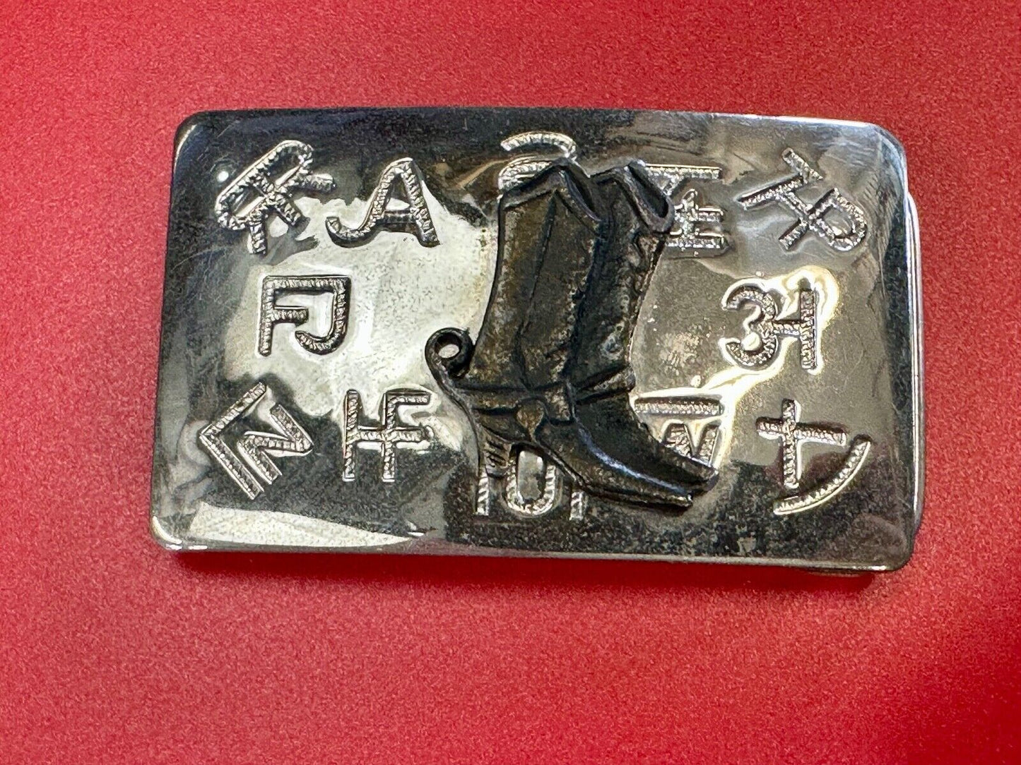 Vintage Chambers Western Cowboy Boots and cattle branding symbols belt buckle