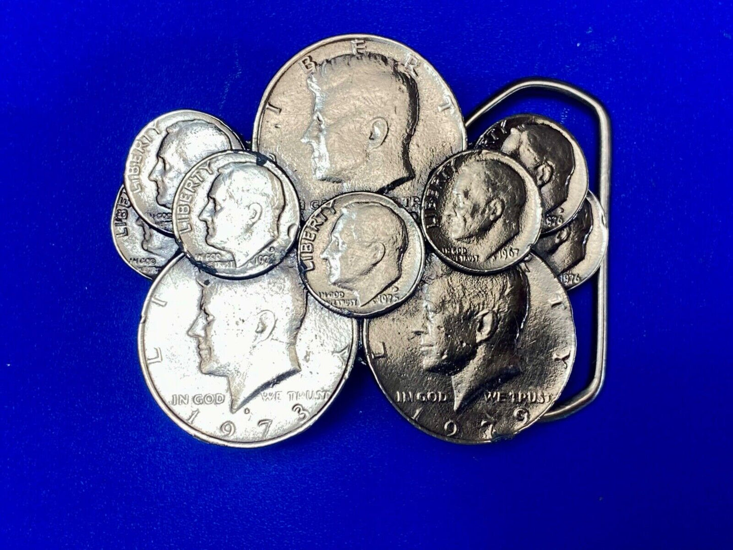 Vintage Coin Collectors Cluster figural 1979 Liberty JFK dimes belt buckle