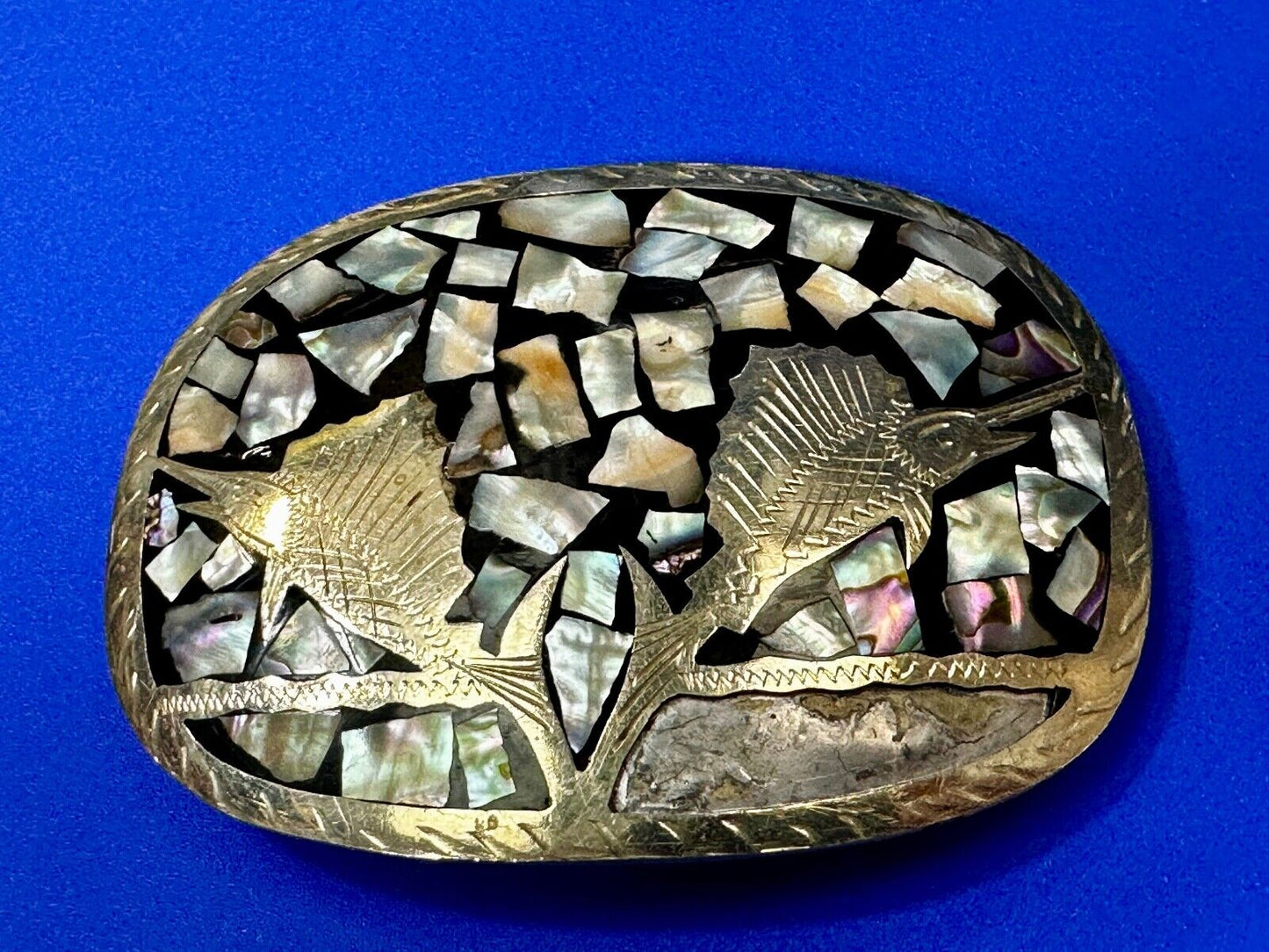 Swordfish with Abalone Shell Inlaid Western Belt Buckle - missing shell to repar