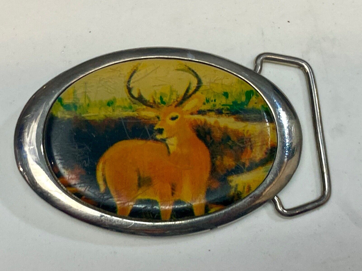 Vintage 1987 PICTURE OF DEER IN NATURE - HUGE RACK! Solid Brass TN belt buckle
