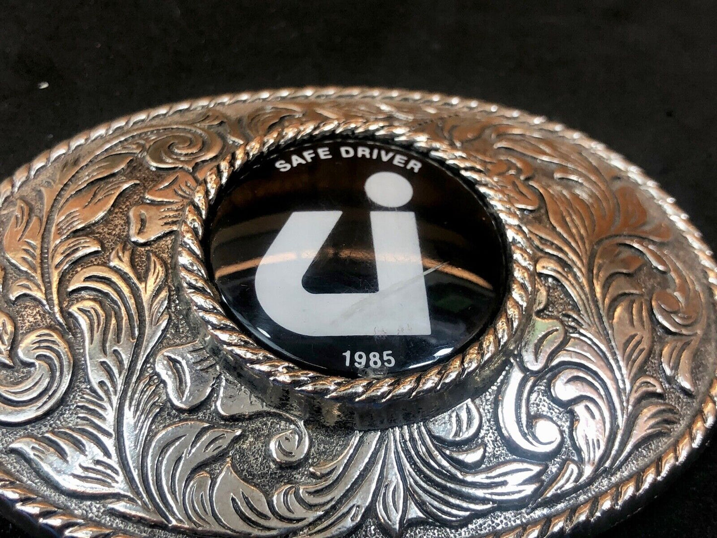 Vintage 1985 Safe Driver Award Silver Tone Western Centerpiece Belt Buckle